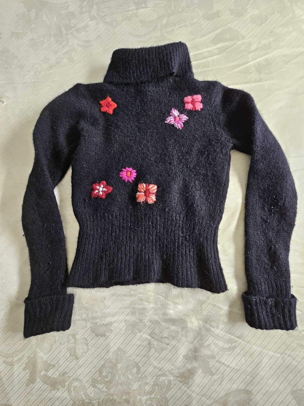 Black Floral-AppliquΓ© Turtleneck Sweater